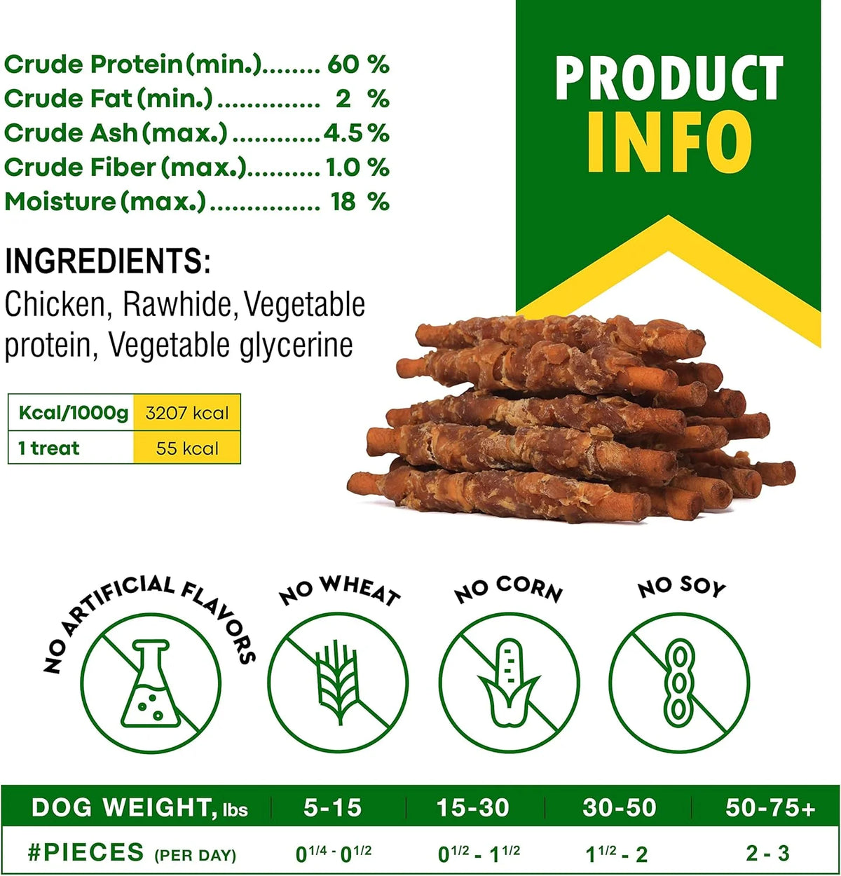 Natural Grain-Free Rawhide Chews Wrapped in Chicken for Dogs - 11 Oz - Premium Quality Pet Treats for Small and Large Breeds (Smoked Chicken Flavor)
