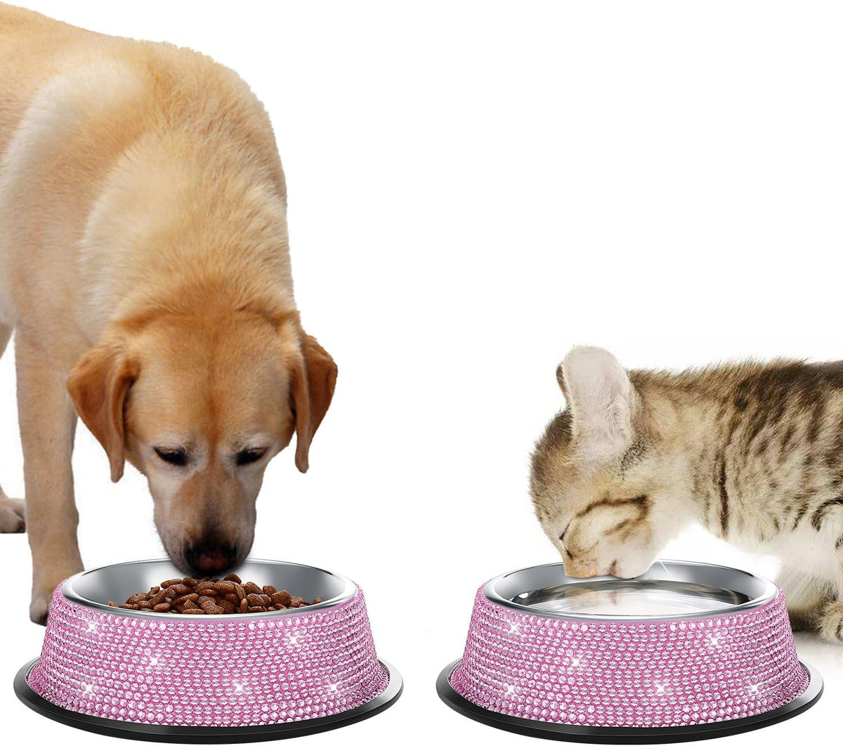 Handcrafted Pink Rhinestone Dog Bowls, 640ML Stainless Steel Pet Feeders for Dogs and Cats - Set of 2