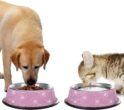Handcrafted Pink Rhinestone Dog Bowls, 640ML Stainless Steel Pet Feeders for Dogs and Cats - Set of 2