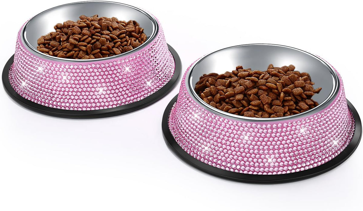 Handcrafted Pink Rhinestone Dog Bowls, 640ML Stainless Steel Pet Feeders for Dogs and Cats - Set of 2