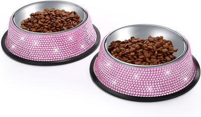 Handcrafted Pink Rhinestone Dog Bowls, 640ML Stainless Steel Pet Feeders for Dogs and Cats - Set of 2