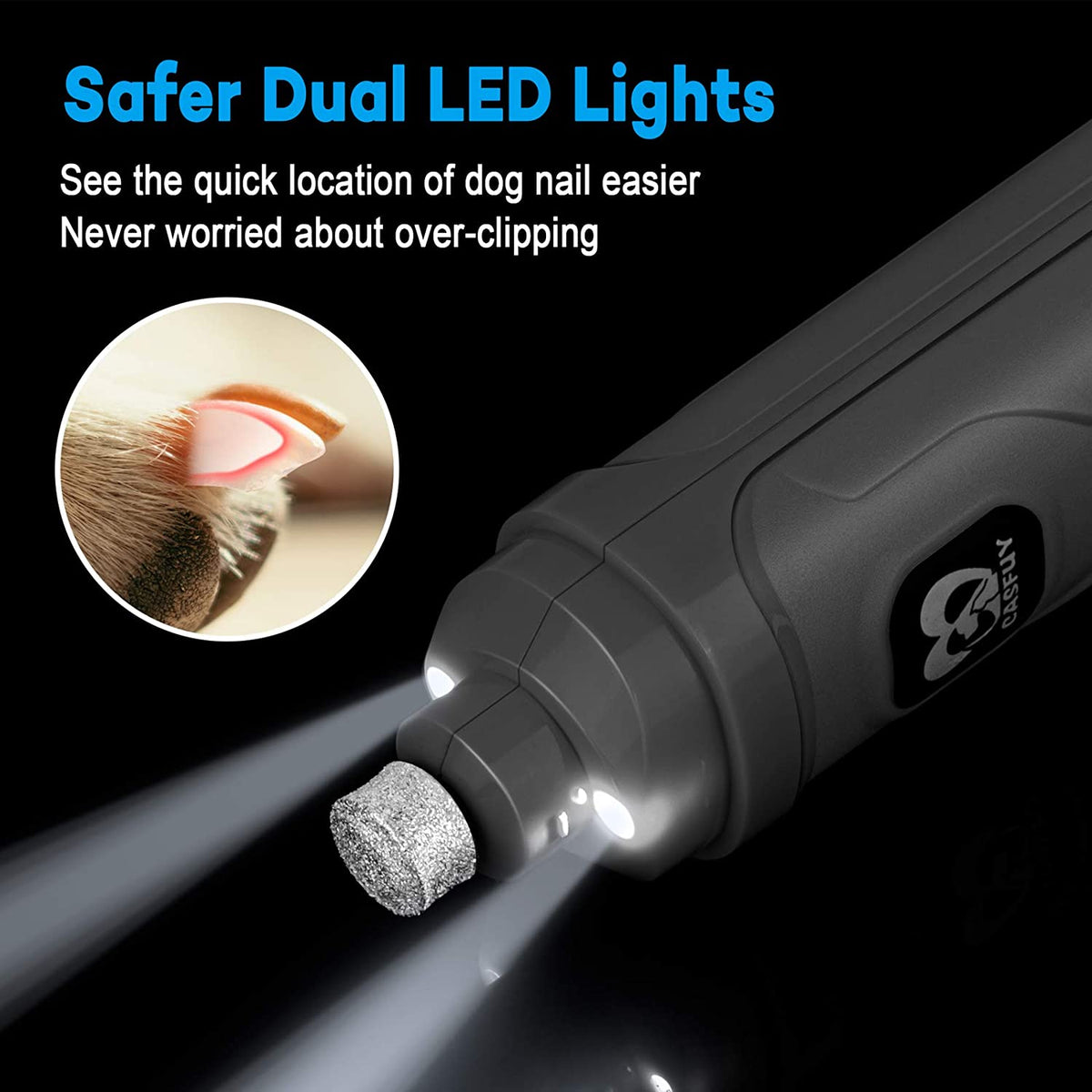 Dog Nail Grinder with Dual LED Lights - Advanced 2-Speed Electric Nail Trimmer for Professional Grooming of Small, Medium, and Large Dogs and Cats (Grey)