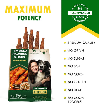 Natural Grain-Free Rawhide Chews Wrapped in Chicken for Dogs - 11 Oz - Premium Quality Pet Treats for Small and Large Breeds (Smoked Chicken Flavor)
