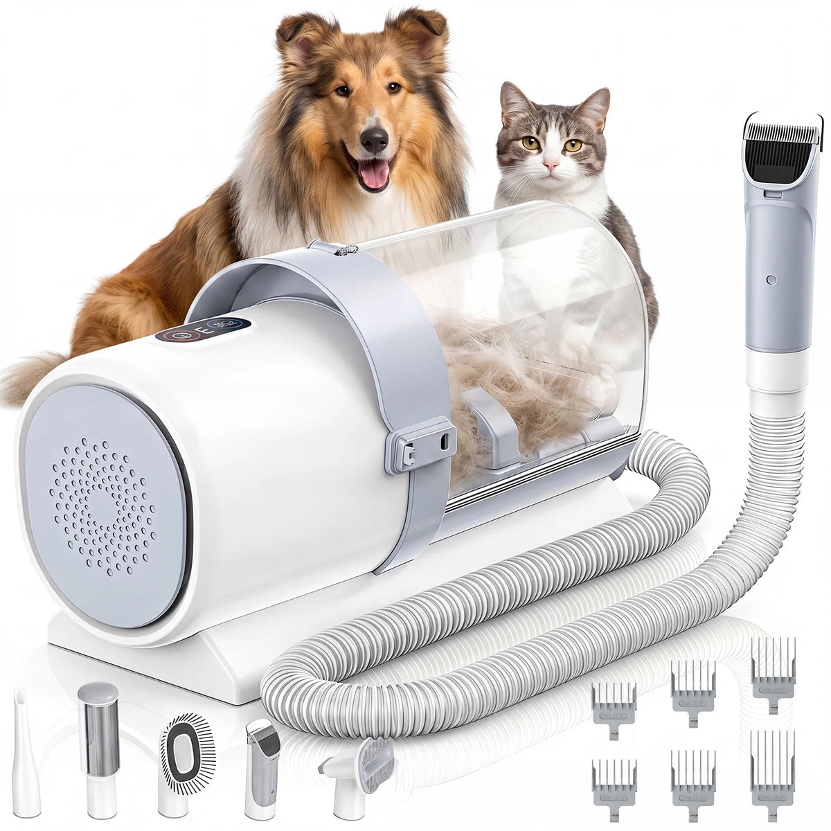 Professional Pet Grooming Kit: 2.5L Vacuum for Hair Removal with 5-in-1 Electric Clippers for Dogs, Cats, and Other Animals, White