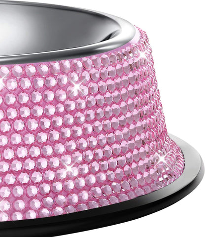 Handcrafted Pink Rhinestone Dog Bowls, 640ML Stainless Steel Pet Feeders for Dogs and Cats - Set of 2