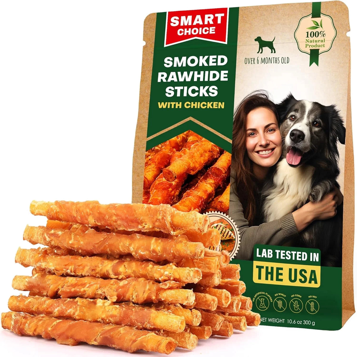 Natural Grain-Free Rawhide Chews Wrapped in Chicken for Dogs - 11 Oz - Premium Quality Pet Treats for Small and Large Breeds (Smoked Chicken Flavor)