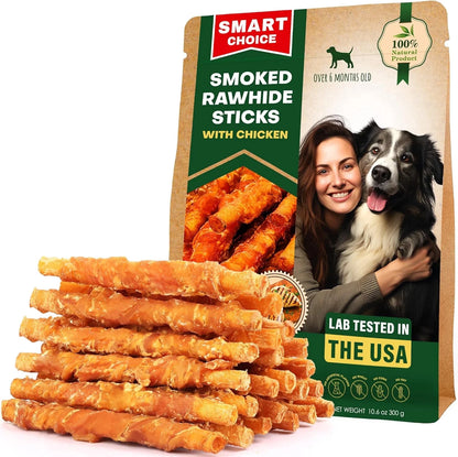 Natural Grain-Free Rawhide Chews Wrapped in Chicken for Dogs - 11 Oz - Premium Quality Pet Treats for Small and Large Breeds (Smoked Chicken Flavor)