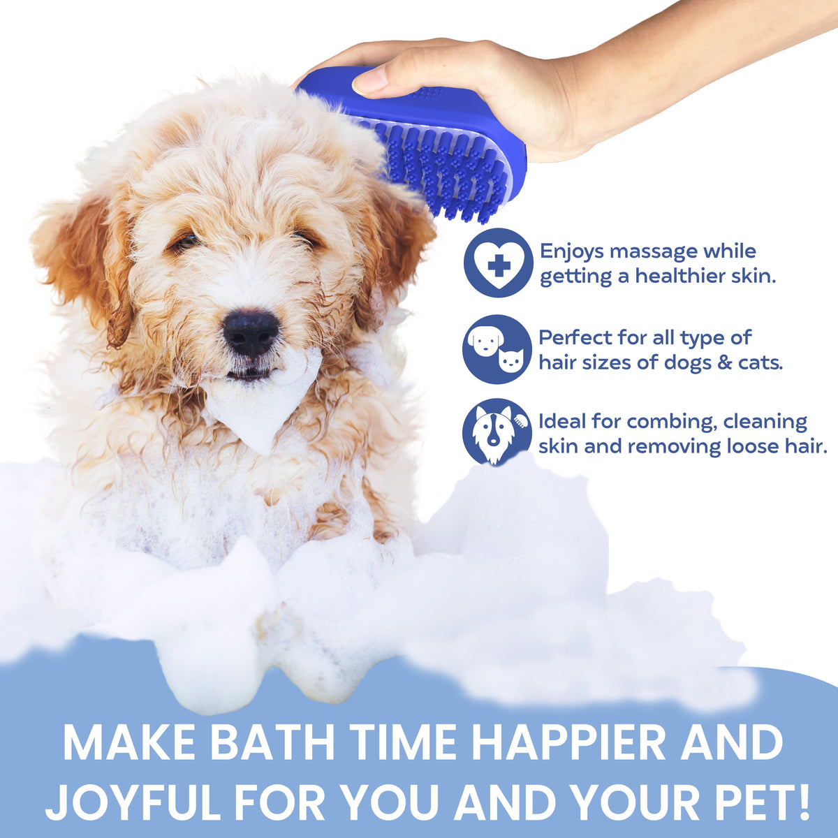 Dog Bath Scrubber and Grooming Brush with Non-Slip Grip - Blue Rubber Curry Comb