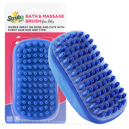 Dog Bath Scrubber and Grooming Brush with Non-Slip Grip - Blue Rubber Curry Comb