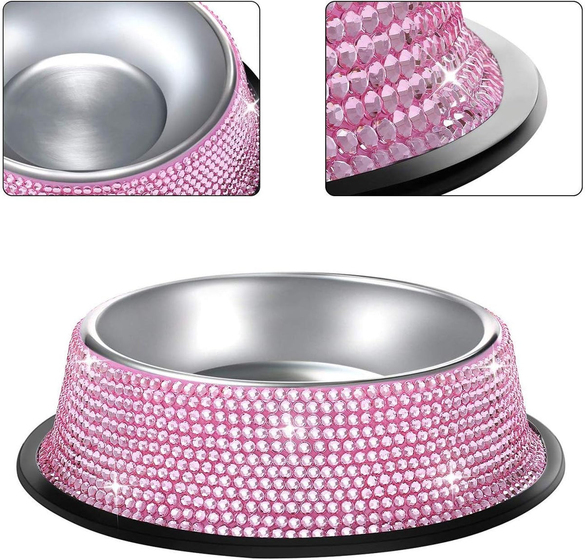 Handcrafted Pink Rhinestone Dog Bowls, 640ML Stainless Steel Pet Feeders for Dogs and Cats - Set of 2
