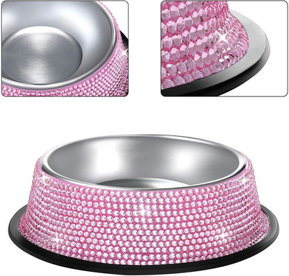 Handcrafted Pink Rhinestone Dog Bowls, 640ML Stainless Steel Pet Feeders for Dogs and Cats - Set of 2