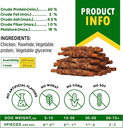 Natural Grain-Free Rawhide Chews Wrapped in Chicken for Dogs - 11 Oz - Premium Quality Pet Treats for Small and Large Breeds (Smoked Chicken Flavor)