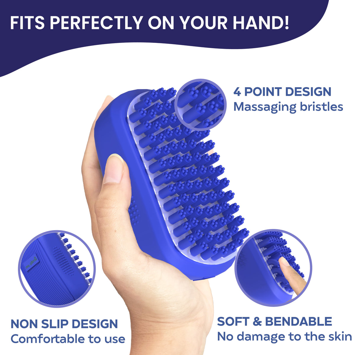 Dog Bath Scrubber and Grooming Brush with Non-Slip Grip - Blue Rubber Curry Comb