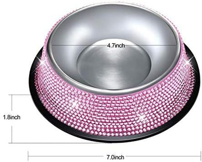 Handcrafted Pink Rhinestone Dog Bowls, 640ML Stainless Steel Pet Feeders for Dogs and Cats - Set of 2