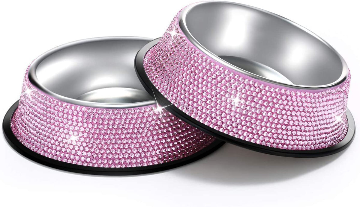 Handcrafted Pink Rhinestone Dog Bowls, 640ML Stainless Steel Pet Feeders for Dogs and Cats - Set of 2