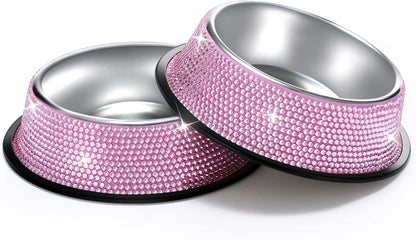 Handcrafted Pink Rhinestone Dog Bowls, 640ML Stainless Steel Pet Feeders for Dogs and Cats - Set of 2