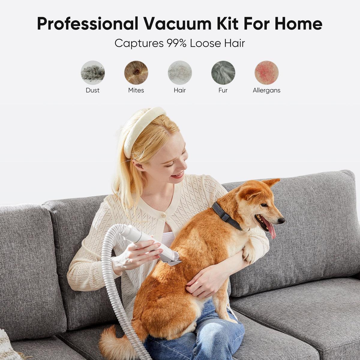 Professional Pet Grooming Kit: 2.5L Vacuum for Hair Removal with 5-in-1 Electric Clippers for Dogs, Cats, and Other Animals, White